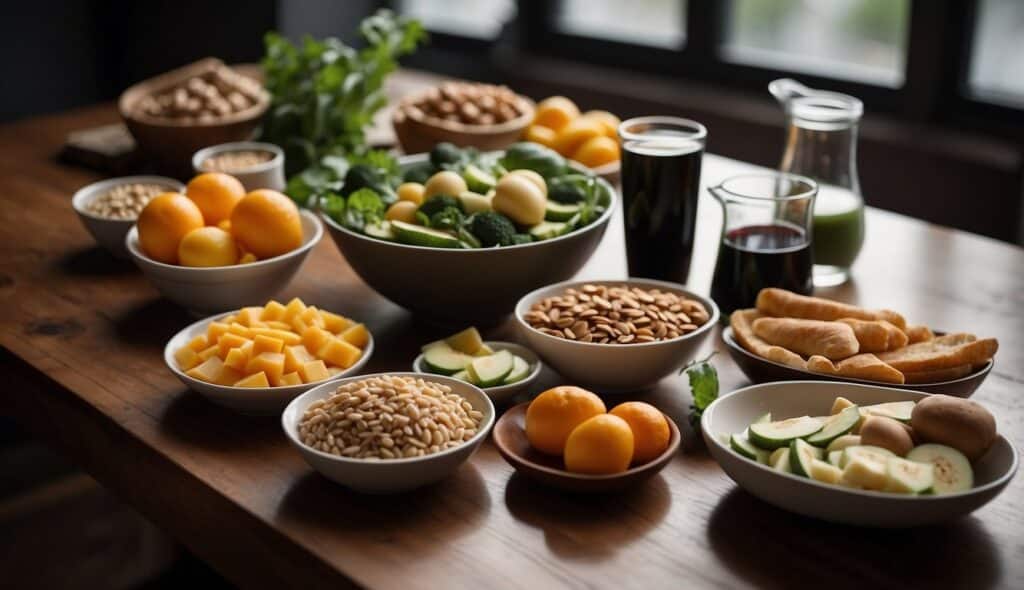 A table with various healthy foods and running gear, alongside a diagram showing basic running techniques for beginners