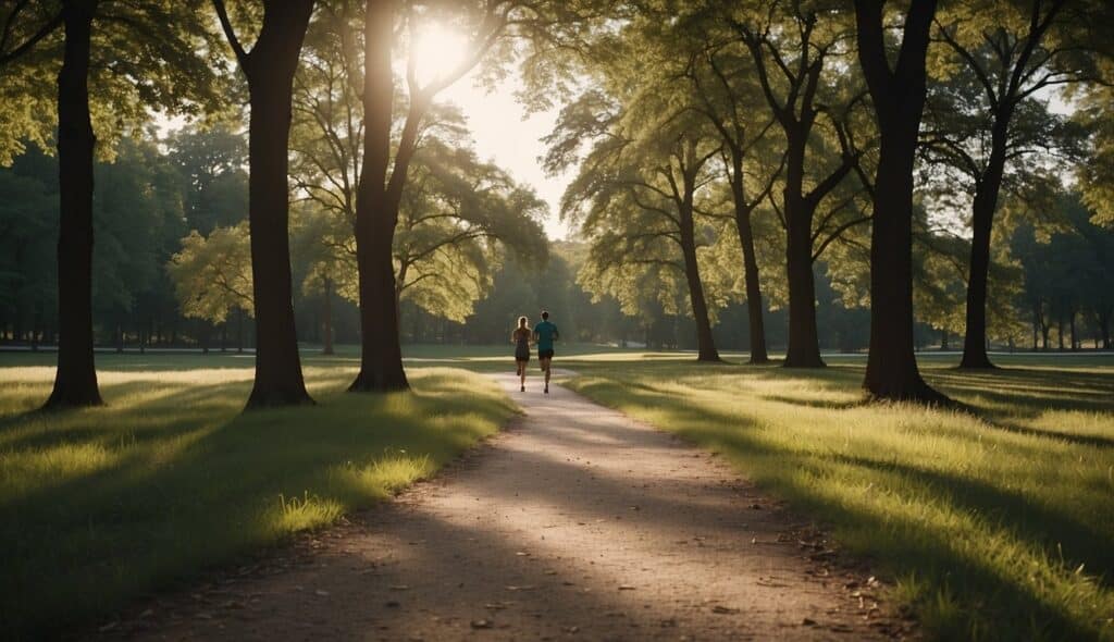 A clear path stretches through a park, with trees lining the sides. A runner follows a training plan, pacing themselves along the trail