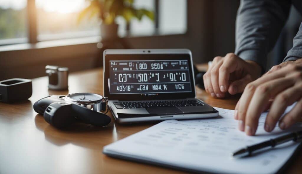 A runner's training schedule being measured and analyzed, with running shoes, a stopwatch, and a notebook laid out on a table