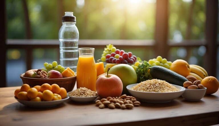 An illustration of a table with a variety of healthy foods such as fruits, vegetables, whole grains, lean proteins, and nuts. A water bottle and sports drink are also included to emphasize hydration for endurance runners