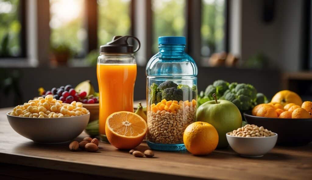 An illustration of a table filled with healthy, energy-boosting foods like fruits, vegetables, whole grains, lean proteins, and nuts. A water bottle and sports drink are also present