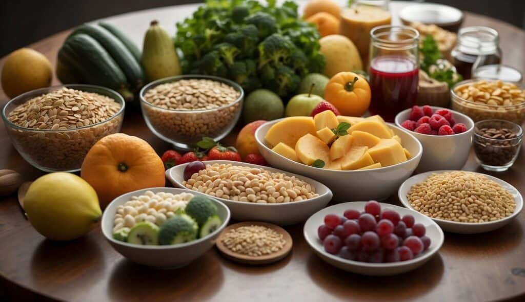 An organized table with various foods, such as fruits, vegetables, lean proteins, and whole grains, laid out for a long-distance runner's nutrition plan