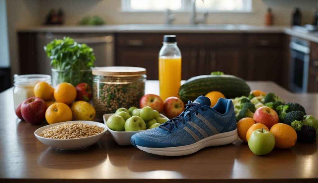 A runner's meal prep: fruits, vegetables, grains, and lean proteins laid out on a kitchen counter. Water bottle and running shoes nearby