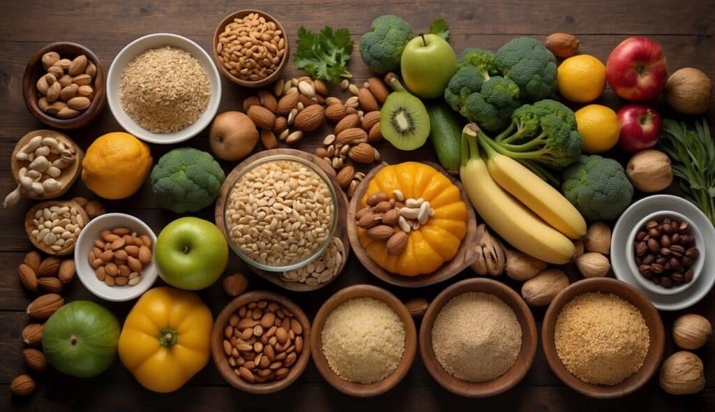 A table with a variety of nutritious foods, such as fruits, vegetables, whole grains, lean proteins, and nuts, displayed in an organized and visually appealing manner