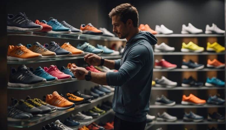 A person carefully selecting running shoes from a display of various options, examining the fit and style