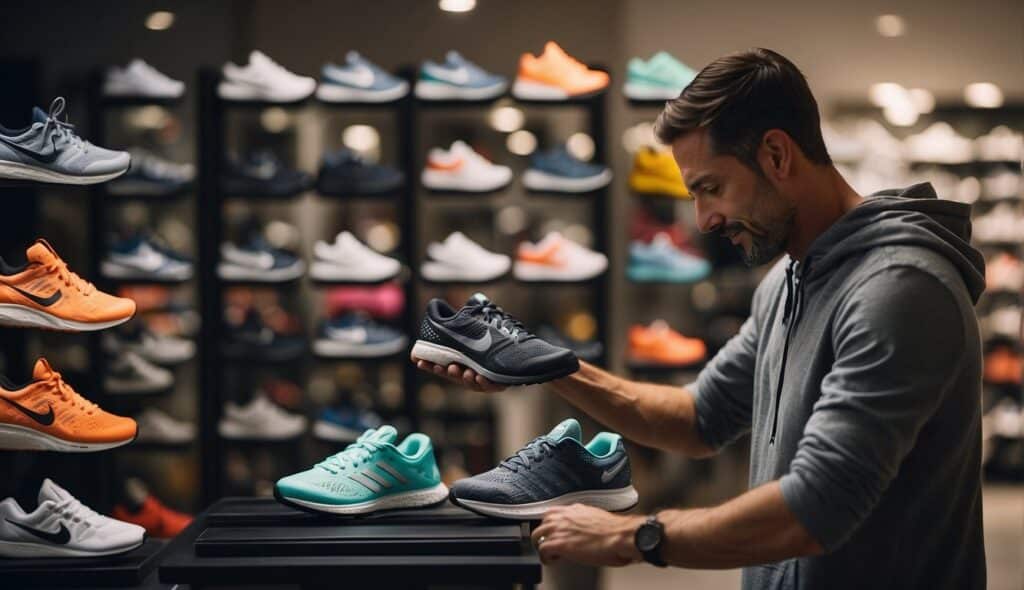 A customer carefully selects running shoes from a display, examining the different styles and features. The store is well-lit and organized, with a variety of options available for purchase