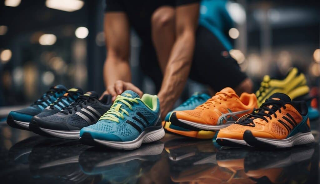 A runner carefully selects the perfect pair of training and competition running shoes from a display of various options