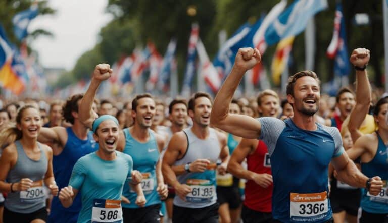 Runners crossing finish line at global race events. Crowd cheering, flags waving, and cameras flashing. Excitement and energy fill the air