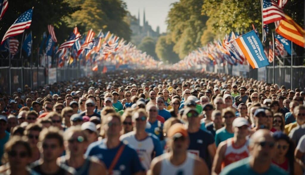 A crowded marathon start line with colorful flags and cheering spectators lining the route