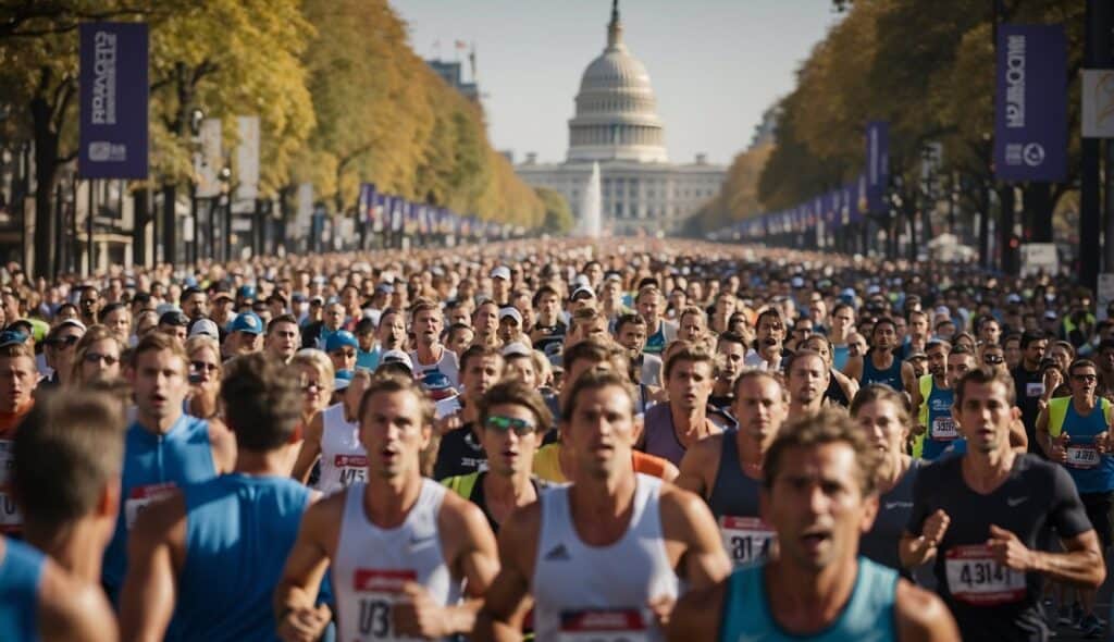 A crowded marathon with runners from around the world, passing iconic landmarks and cheering spectators