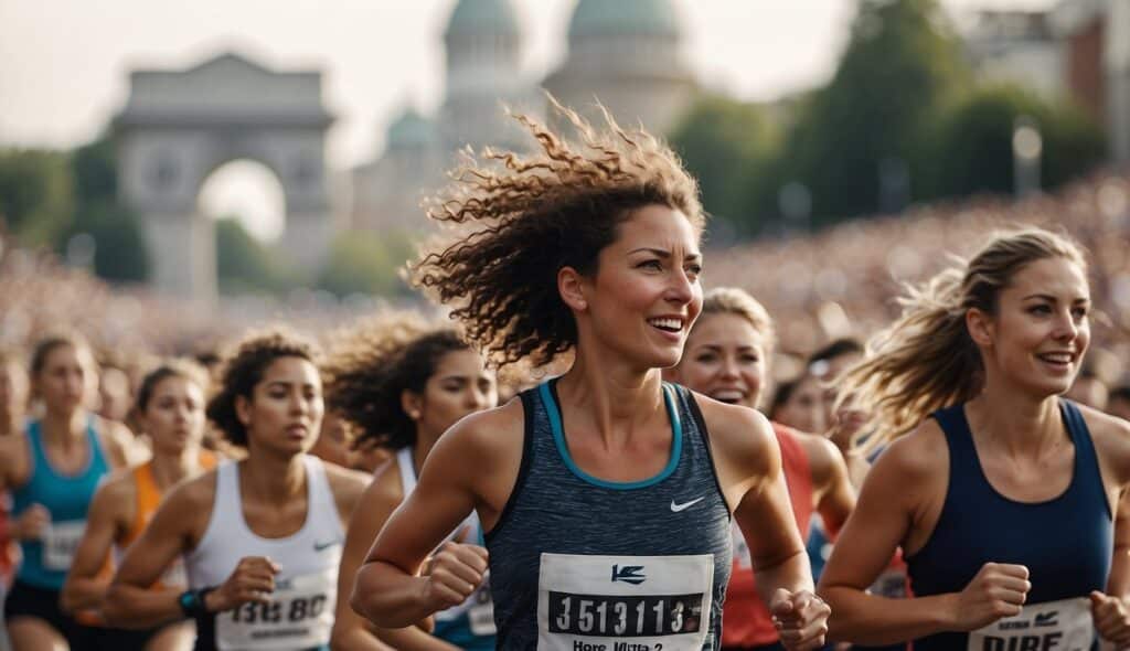 A group of women running a long distance race, with determination and focus on their faces, surrounded by cheering spectators