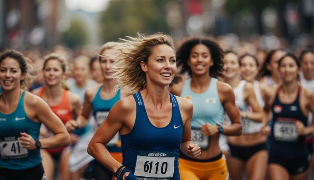 Women running long distance race, equal representation, determination, focus, and strength. Crowd cheering, finish line in sight