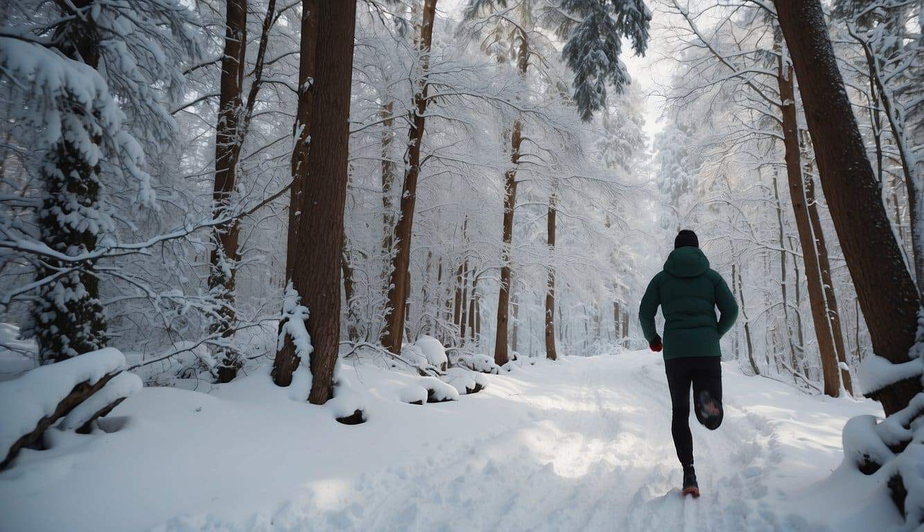 A snowy forest with a winding trail, trees heavy with snow, and a person running in winter gear