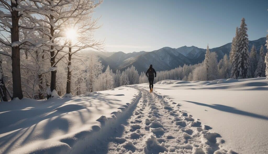 A snowy landscape with footprints in the snow, a runner in winter gear, and a clear path ahead