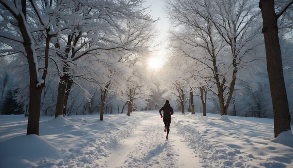 A person running on a snowy path, wearing winter running gear. Snowflakes falling, trees covered in snow, and a serene winter landscape