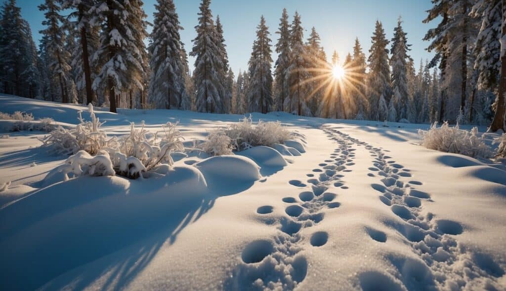 A snowy landscape with footprints leading into the distance, surrounded by trees and a clear blue sky