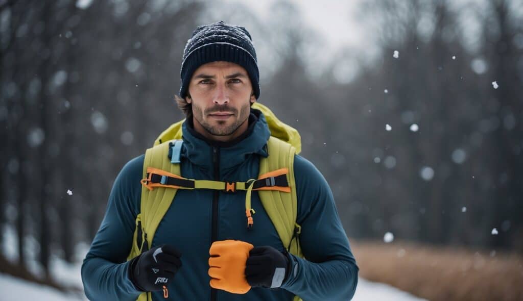 A runner in winter gear with additional equipment tips