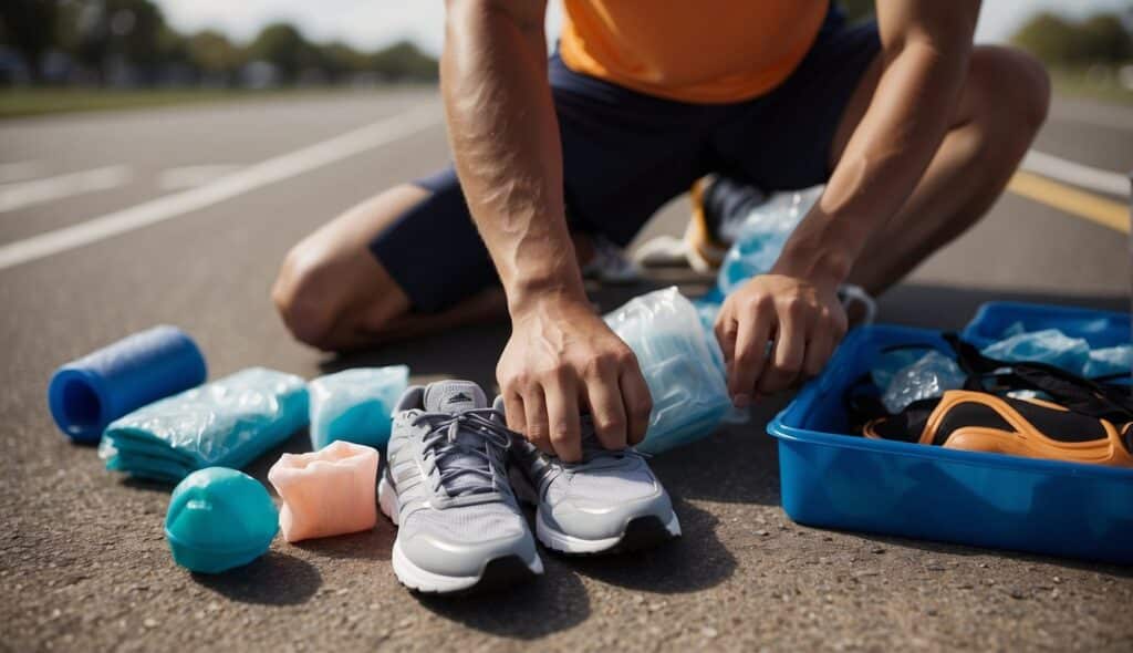 A runner stretches before a run, surrounded by running shoes, bandages, and ice packs, emphasizing injury prevention and treatment