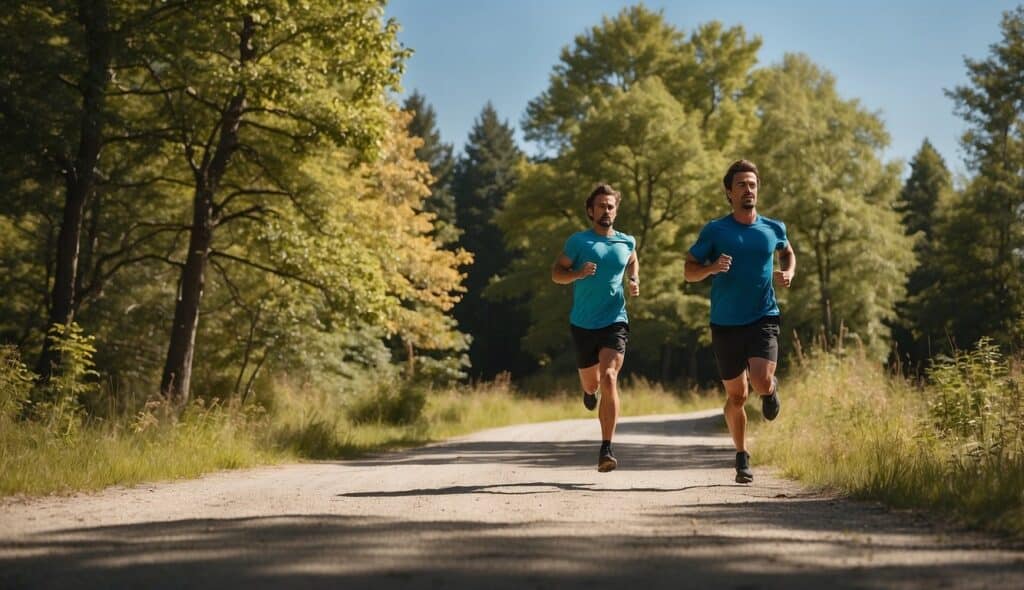 A person running on a path, surrounded by trees and nature, with a clear blue sky above. No signs of injury or discomfort