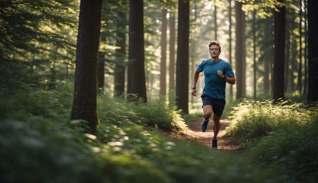 A person running through a serene forest, surrounded by tall trees and a peaceful atmosphere, evoking a sense of mental well-being and tranquility