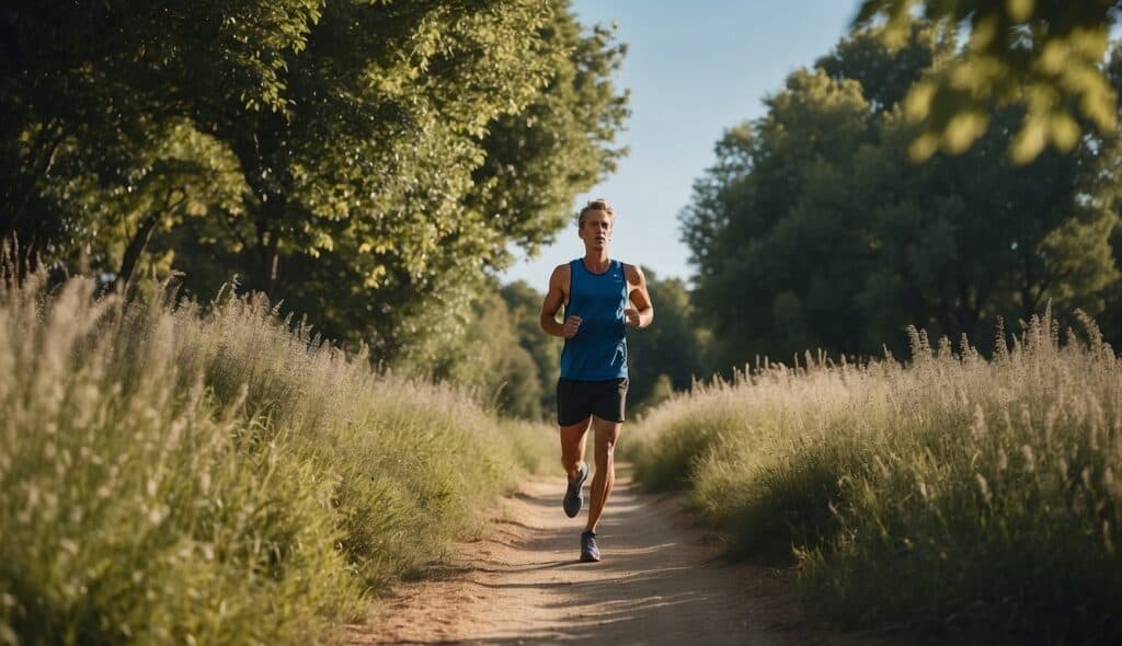 A runner on a peaceful path, surrounded by greenery, breathing in fresh air, with a clear blue sky overhead