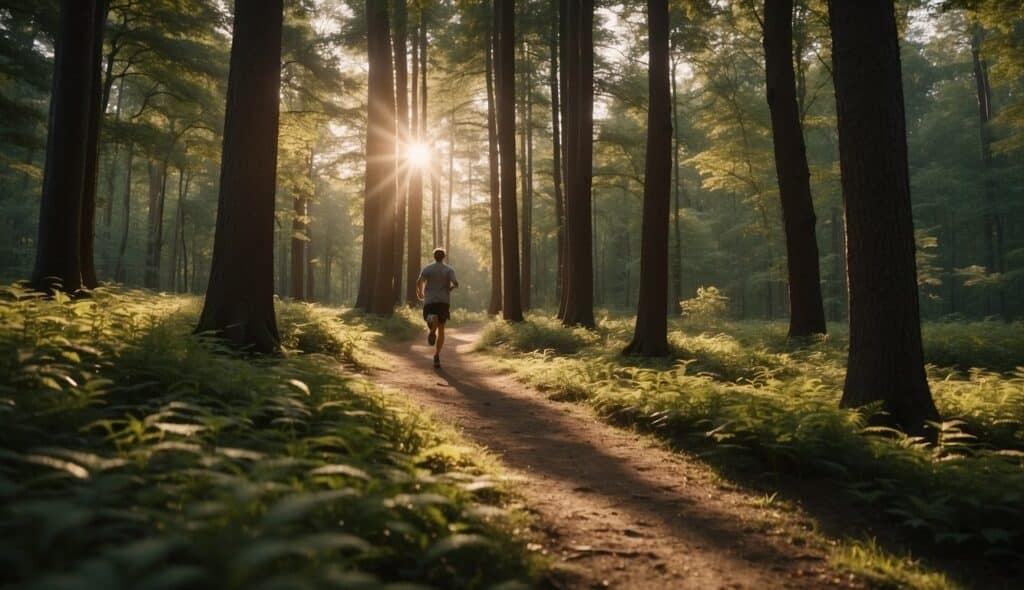 A person running through a serene forest, surrounded by tall trees and dappled sunlight, with a clear path ahead and a feeling of freedom and tranquility