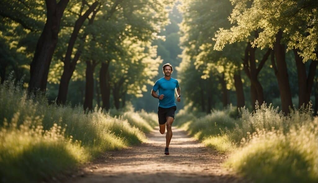 A person running through a serene natural landscape, surrounded by trees and greenery, with a clear blue sky overhead, evoking a sense of peace and mental well-being