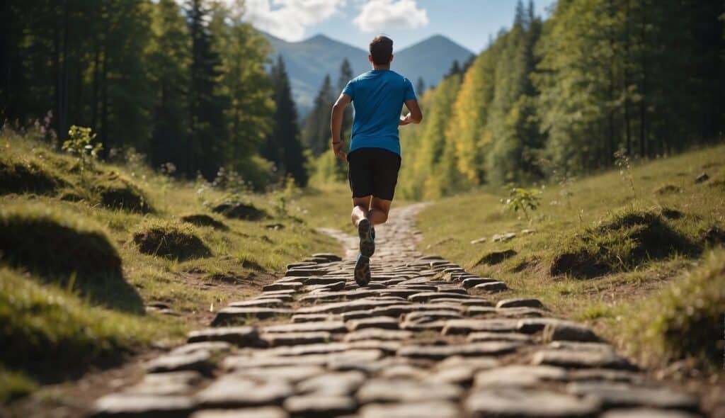 A person running uphill, facing various obstacles, with a clear path ahead symbolizing mental health challenges and solutions