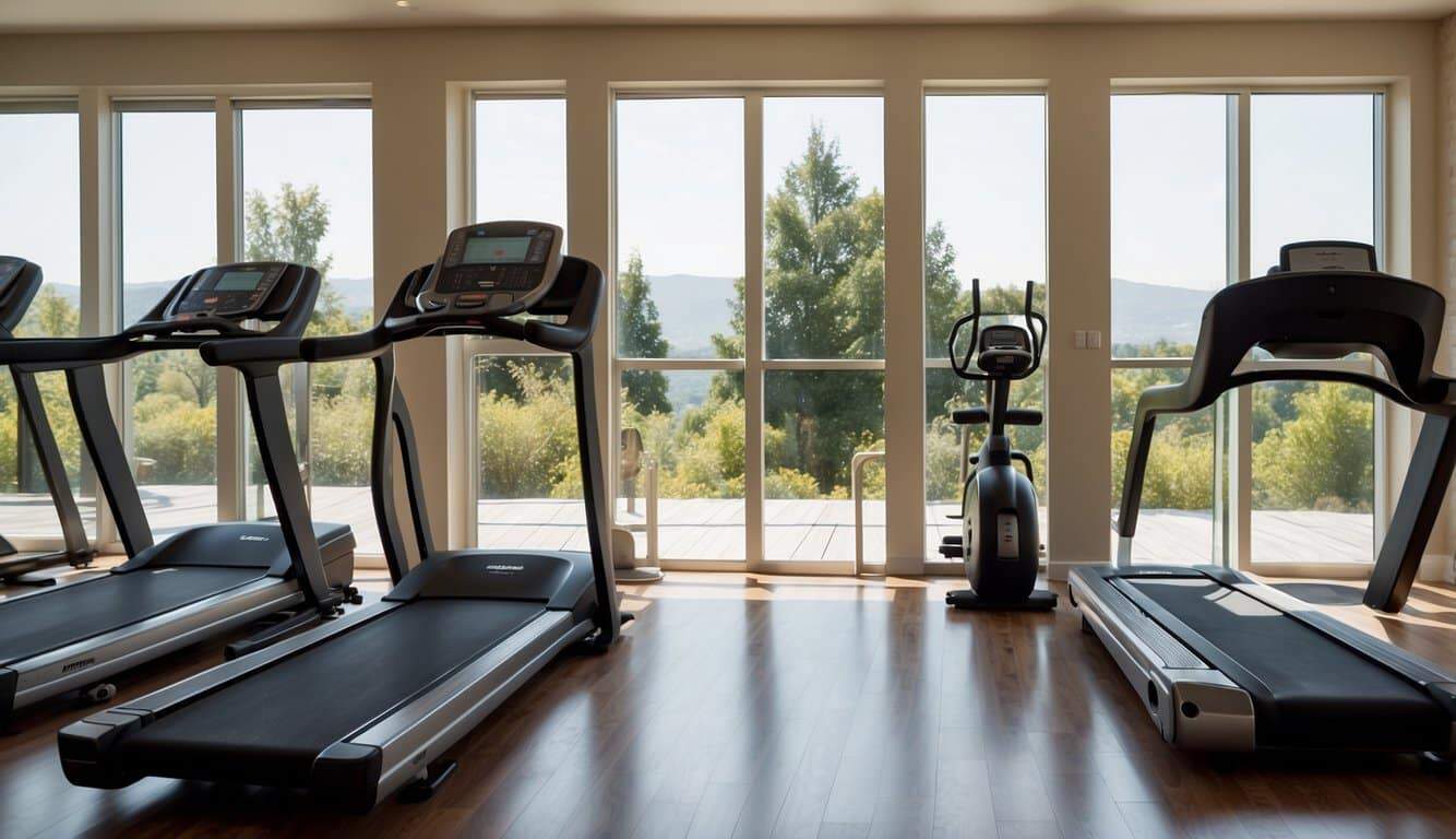 A home gym with treadmills and exercise equipment, set in a bright and spacious room with large windows and motivational posters on the walls