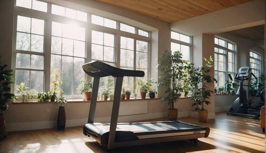 A person runs on a treadmill in a home gym. The room is well-lit with natural sunlight coming through the windows. The treadmill is positioned in the center of the room, surrounded by exercise equipment and a mirror on the wall