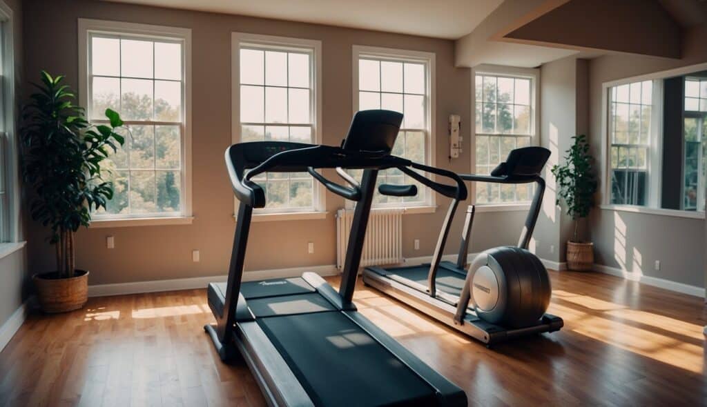 A home gym with a treadmill, weights, and exercise mat. Brightly lit with motivational posters on the wall