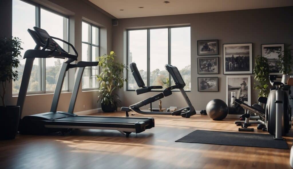 A home gym with modern treadmill and accessories. Brightly lit room with motivational posters on the wall