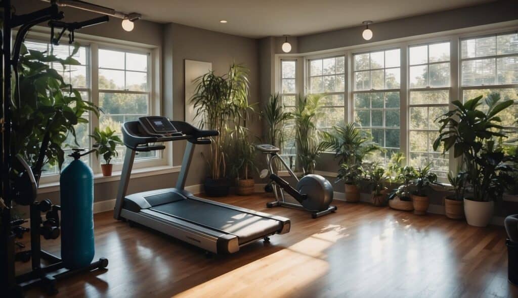 A home gym with a treadmill placed in a well-lit room, surrounded by plants and motivational posters. A water bottle and towel sit nearby