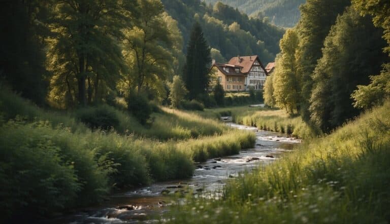 A serene river flows through a lush green forest, with a quaint German village nestled in the distance