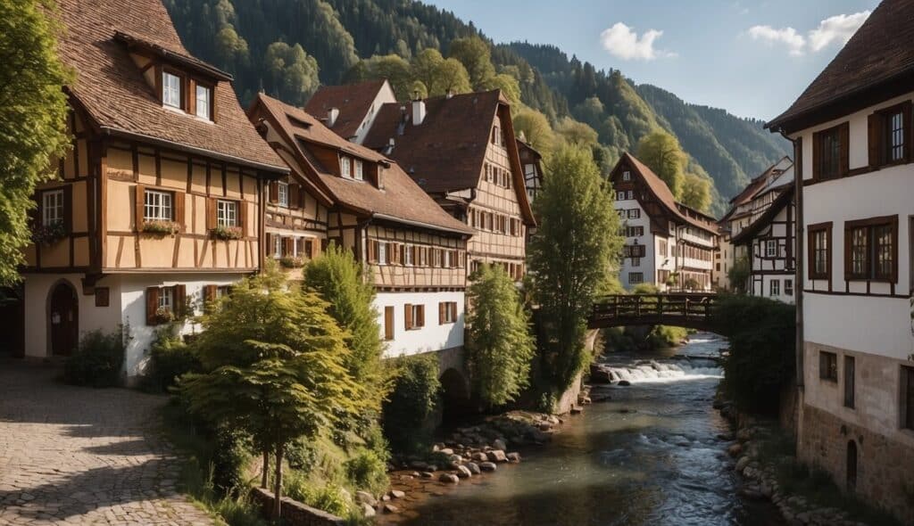 The scene shows the historic city of Laufen in Germany, with its charming cobblestone streets, traditional half-timbered houses, and a picturesque river flowing through the town