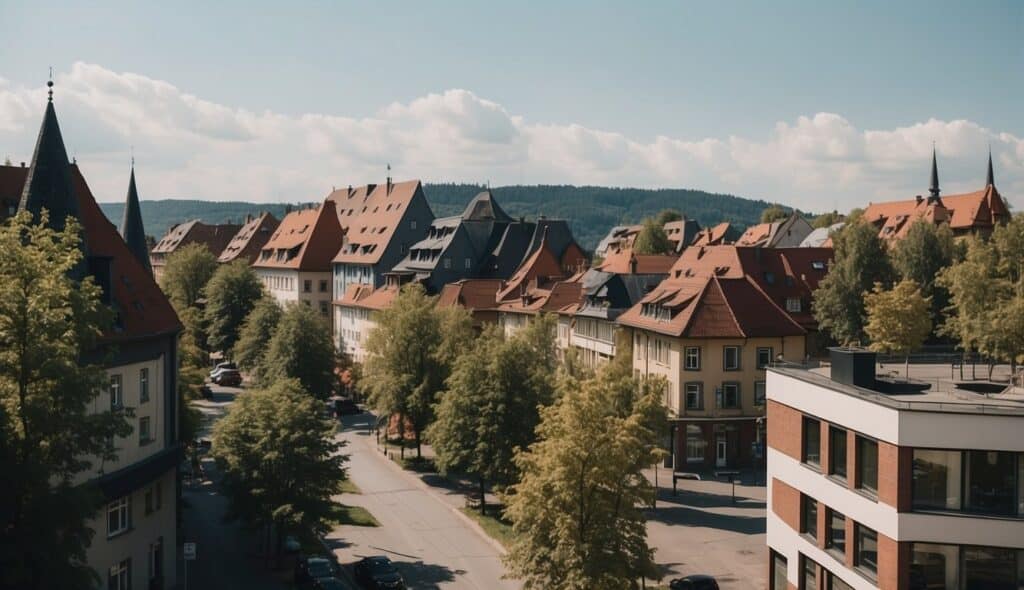 A peaceful German town with modern buildings, clean streets, and efficient public transport, showcasing high quality of life and well-developed infrastructure