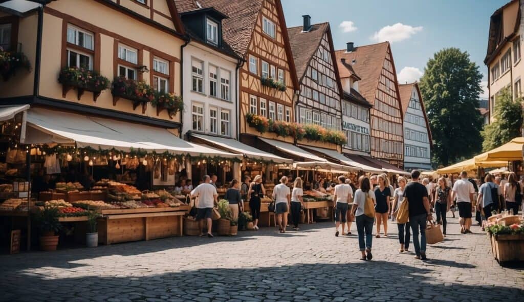 Local events and daily life in Germany: bustling markets, lively festivals, and vibrant street scenes with traditional architecture