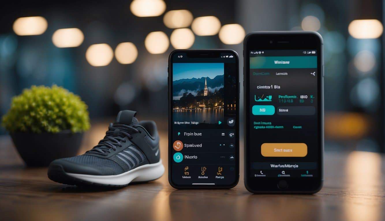 A smartphone with a running app displayed on the screen, surrounded by fitness equipment and a pair of running shoes