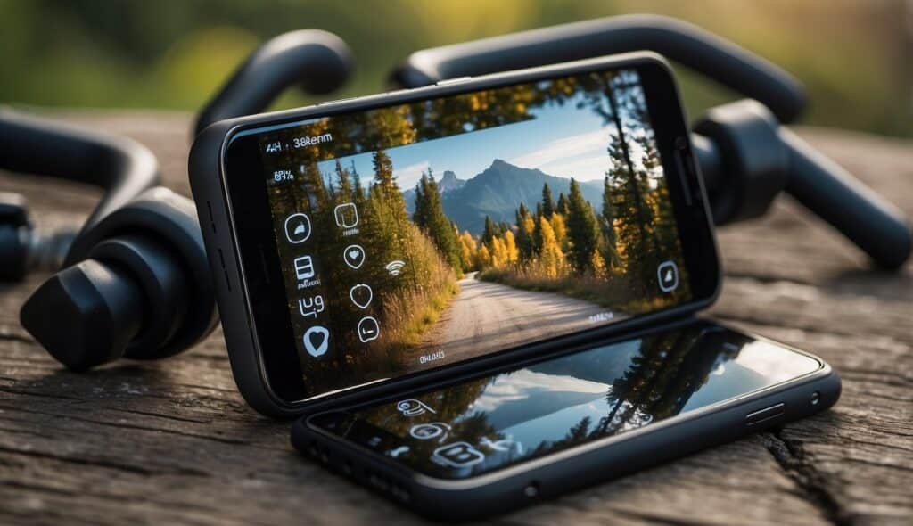 A smartphone with a running app displayed, surrounded by fitness equipment and outdoor scenery