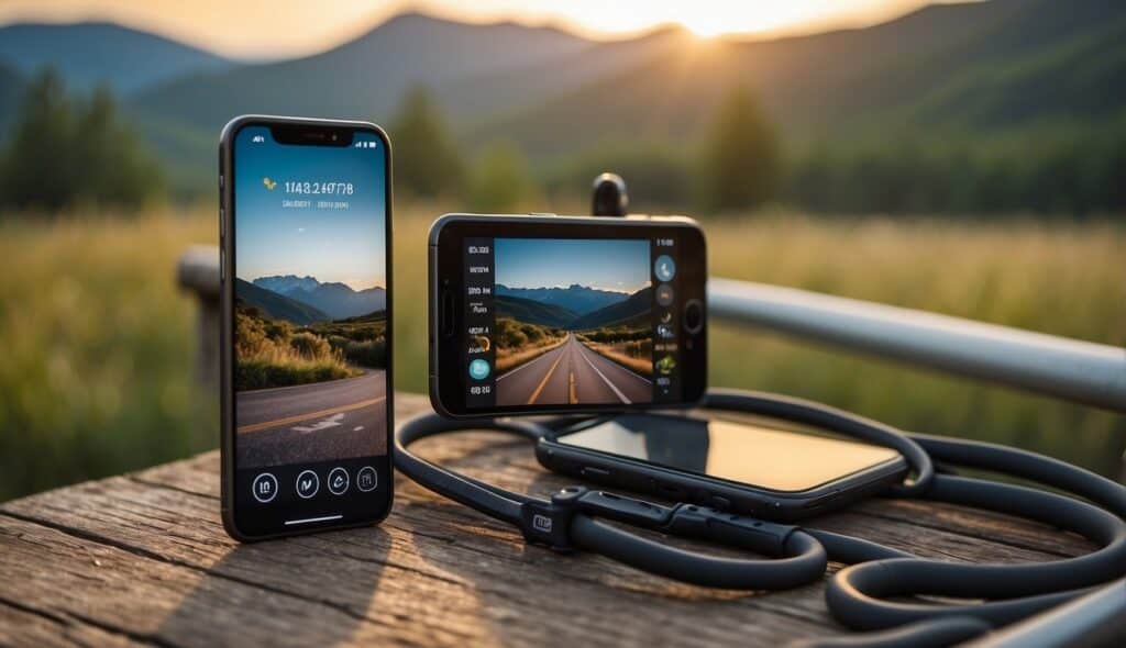 A smartphone with various running apps displayed on the screen, surrounded by fitness equipment and a scenic running trail in the background