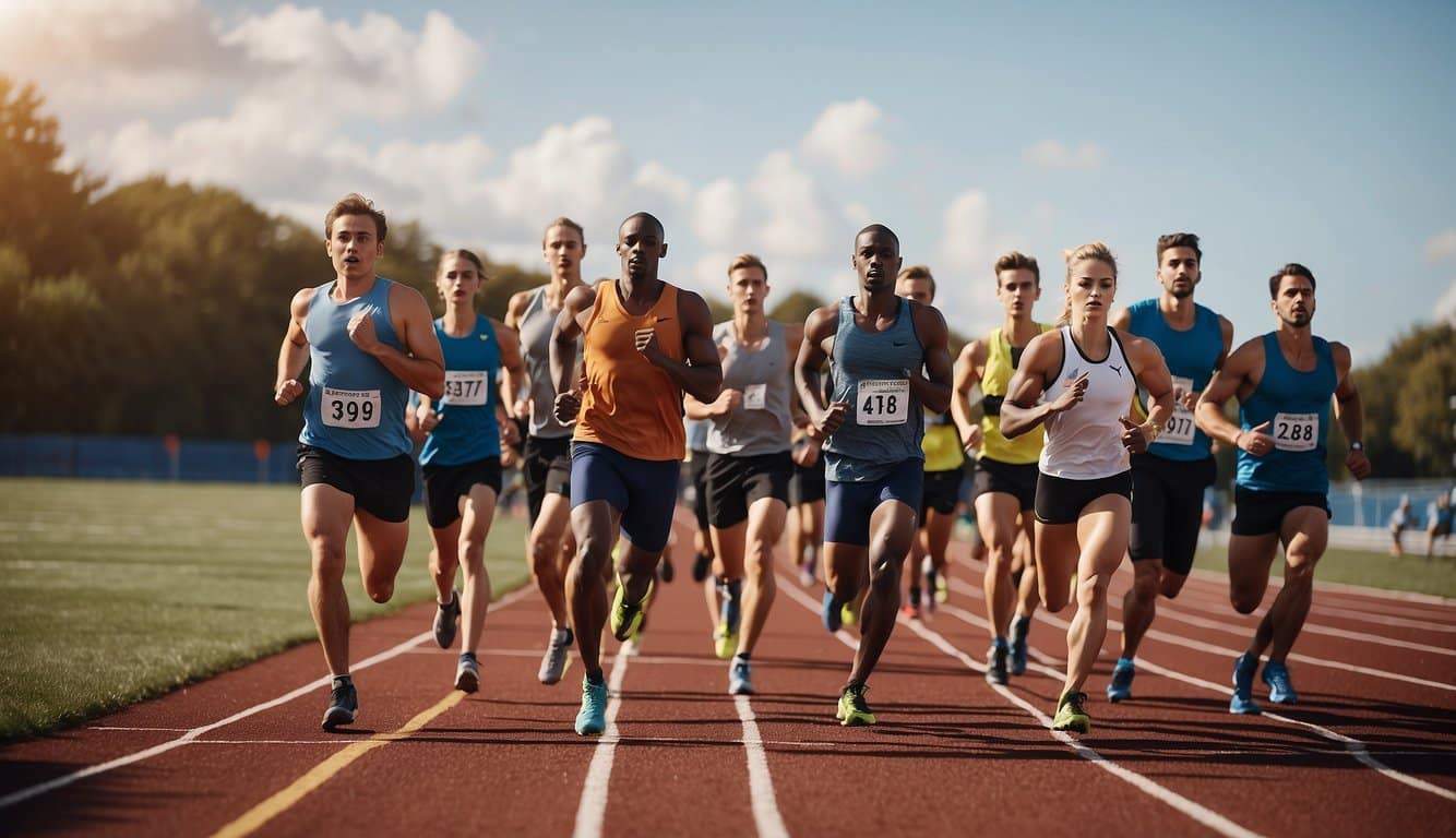 A group of runners doing interval training on a track, with one group sprinting while the others rest, under a bright sky