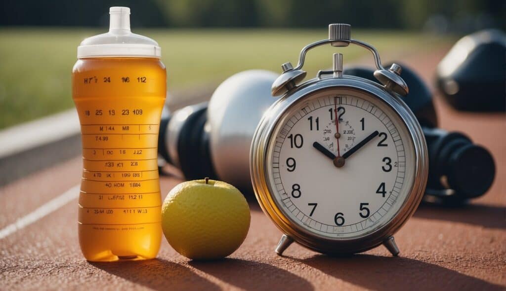 A runner's training plan with intervals on a track, stopwatch and water bottle nearby