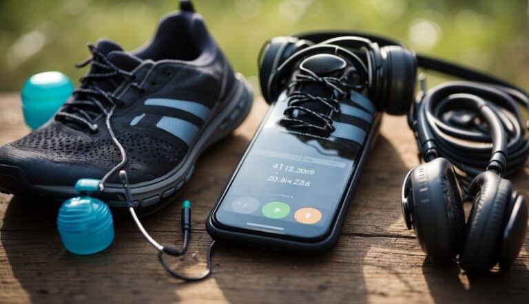 A runner's gear laid out: shoes, water bottle, headphones, and a training plan. A stopwatch sits nearby