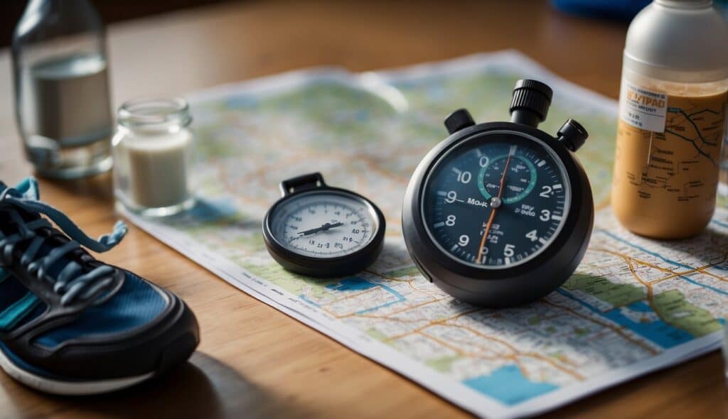 A runner follows a training plan, with a stopwatch and water bottle nearby, surrounded by running shoes and a marathon route map