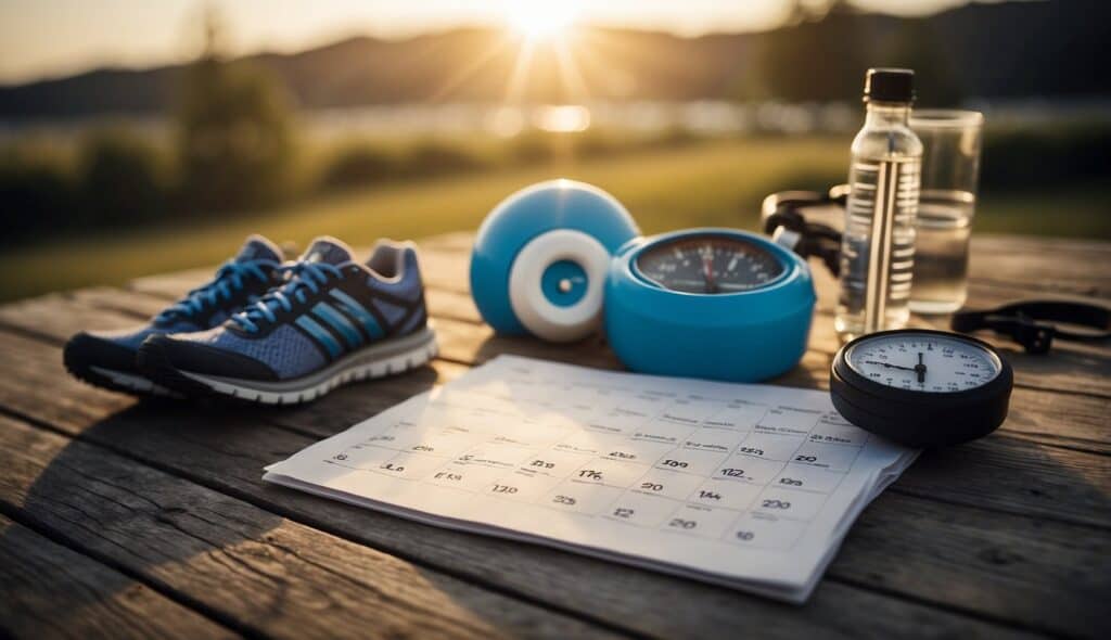 A runner lays out a training schedule with a calendar, running shoes, water bottle, and stopwatch on a table