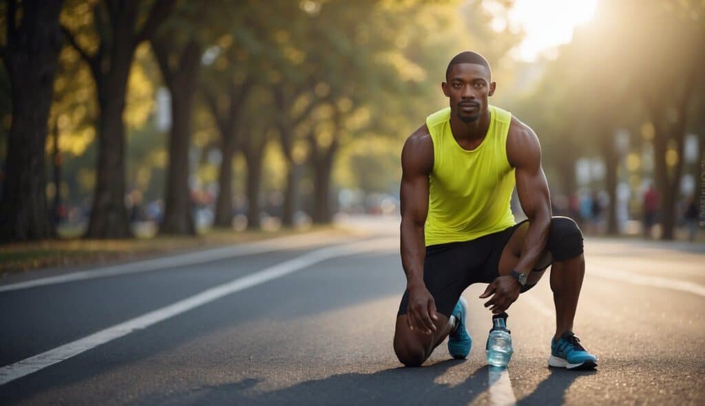 A runner prepares for a marathon, stretching and hydrating