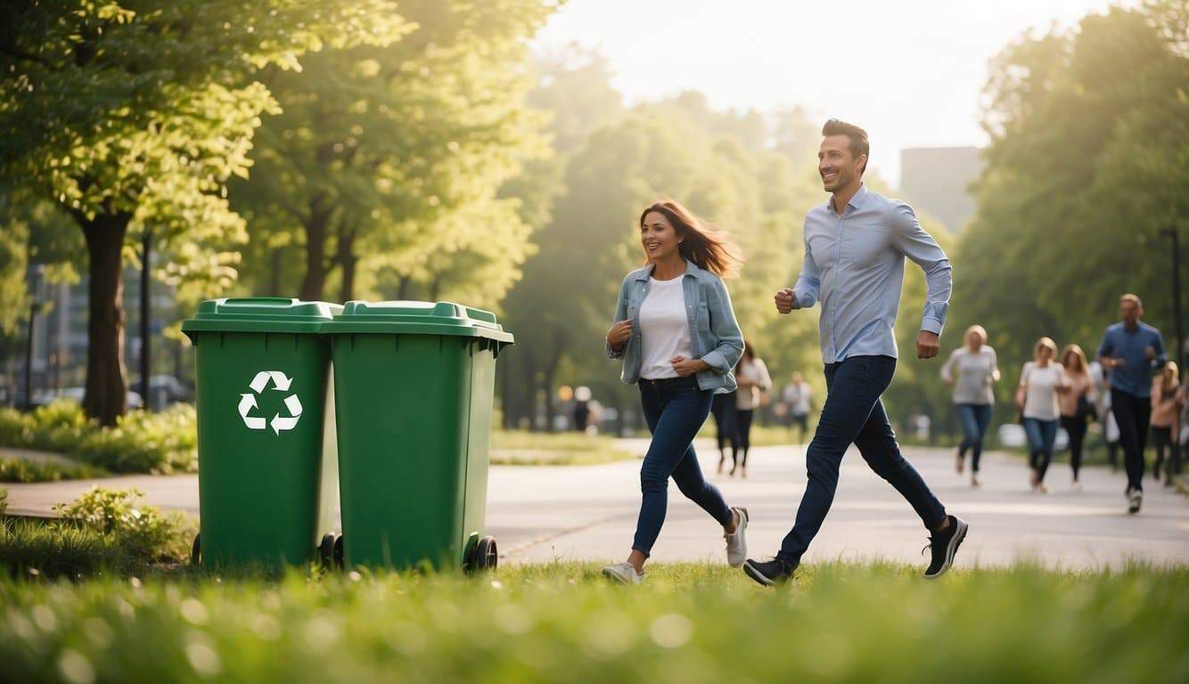 People running in a clean, green environment with recycling bins and renewable energy sources