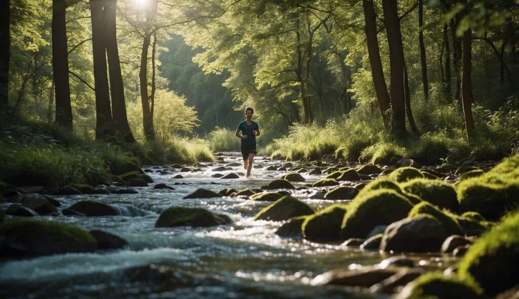 A person running through a lush green forest, with clear blue skies and a flowing river, showcasing the harmony between running and environmental conservation