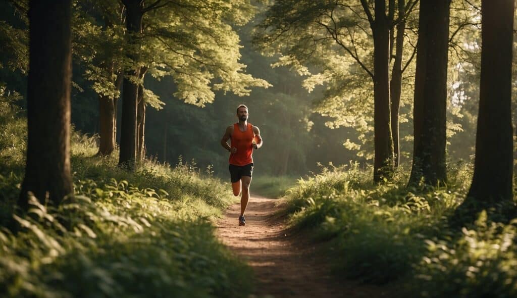 A runner gliding through a serene forest, surrounded by lush greenery and vibrant wildlife, embodying harmony with nature and environmental conservation