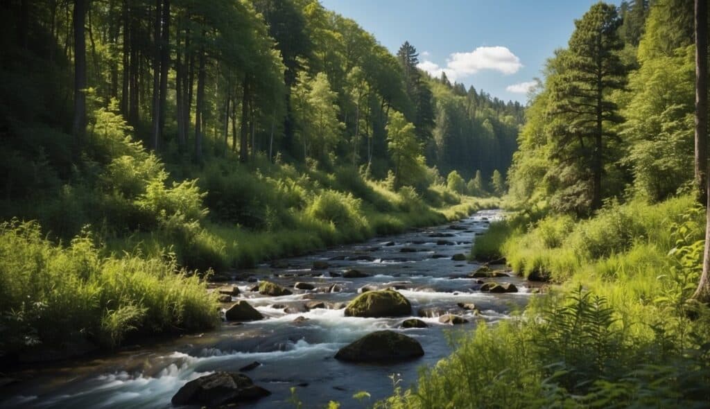 A lush green forest with a winding river, wildlife, and a clear blue sky, showcasing the harmony between running and environmental conservation